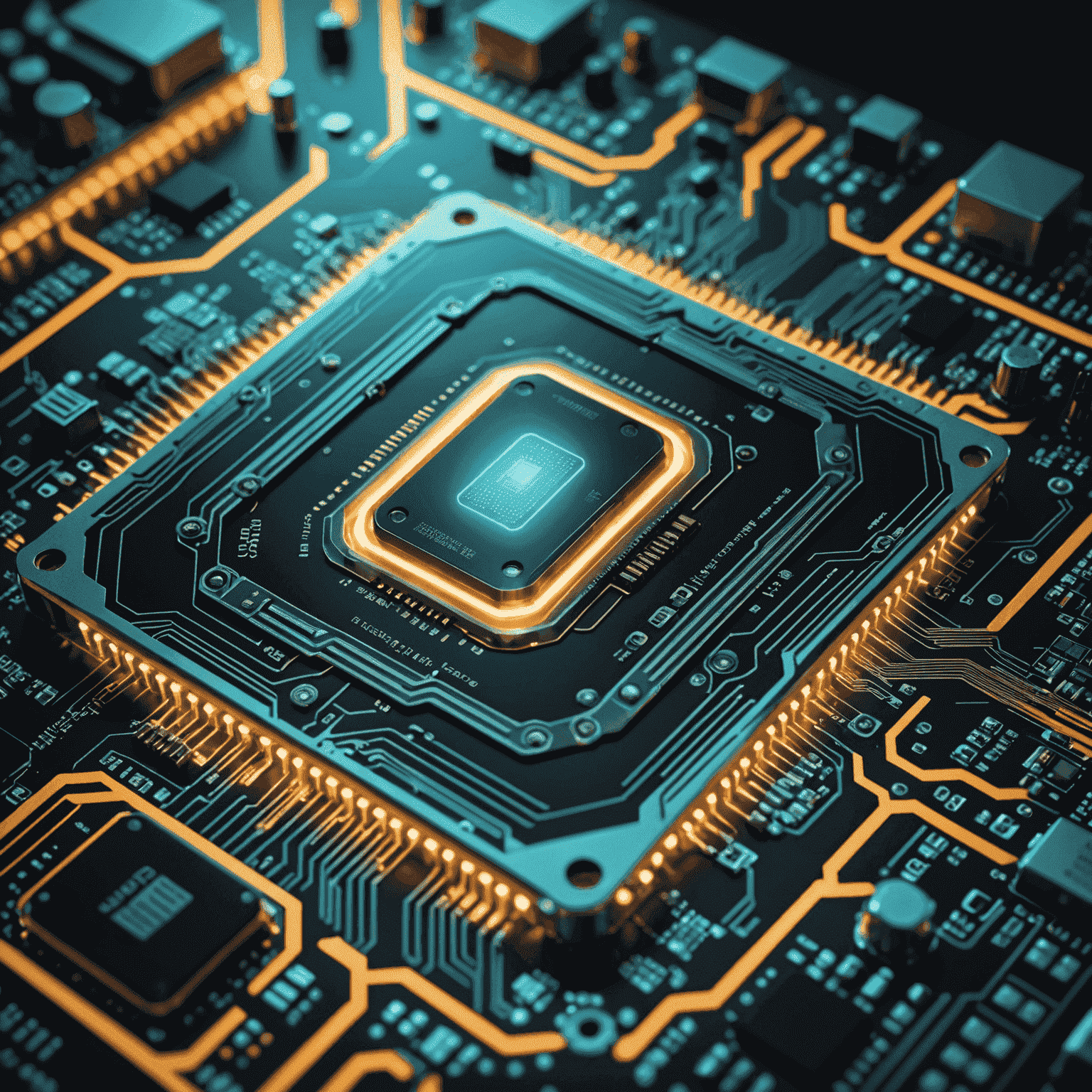 Innowacyjny chip komputerowy z zaawansowanymi obwodami i świecącymi elementami, symbolizujący postęp w technologii półprzewodników