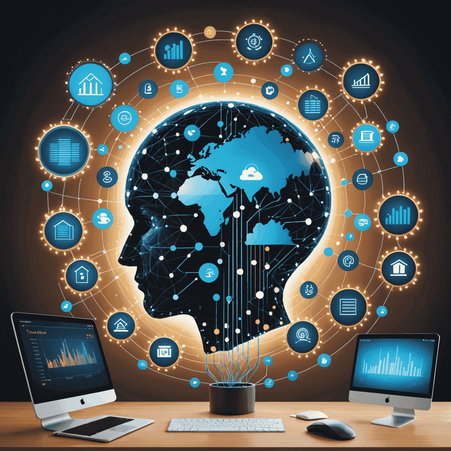 Grafika przedstawiająca wykresy, ikony technologiczne i symbole reprezentujące aktualne trendy w branży IT, takie jak sztuczna inteligencja, blockchain i chmura obliczeniowa.