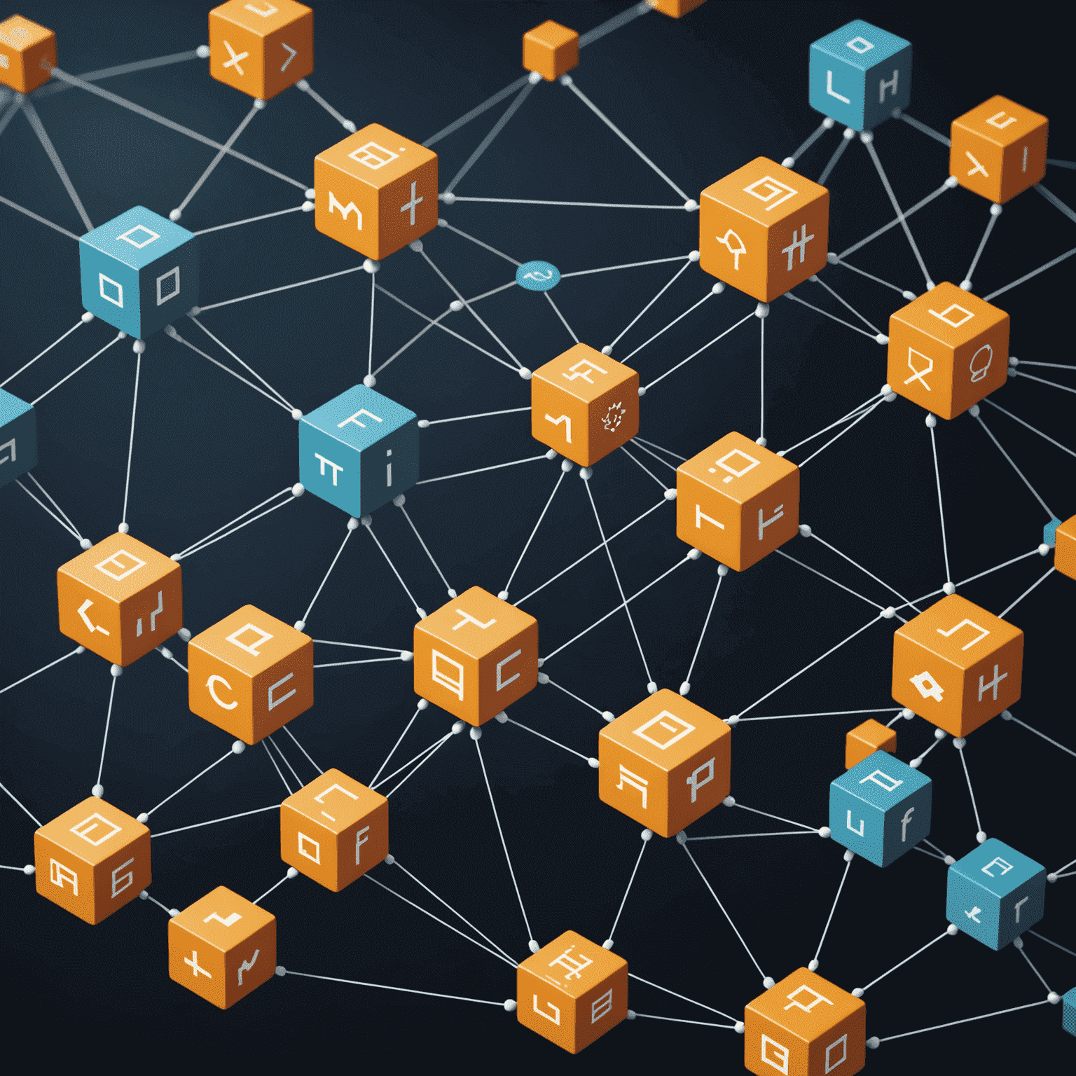 Ilustracja przedstawiająca sieć bloków blockchain połączonych ze sobą, symbolizująca decentralizację i bezpieczeństwo danych