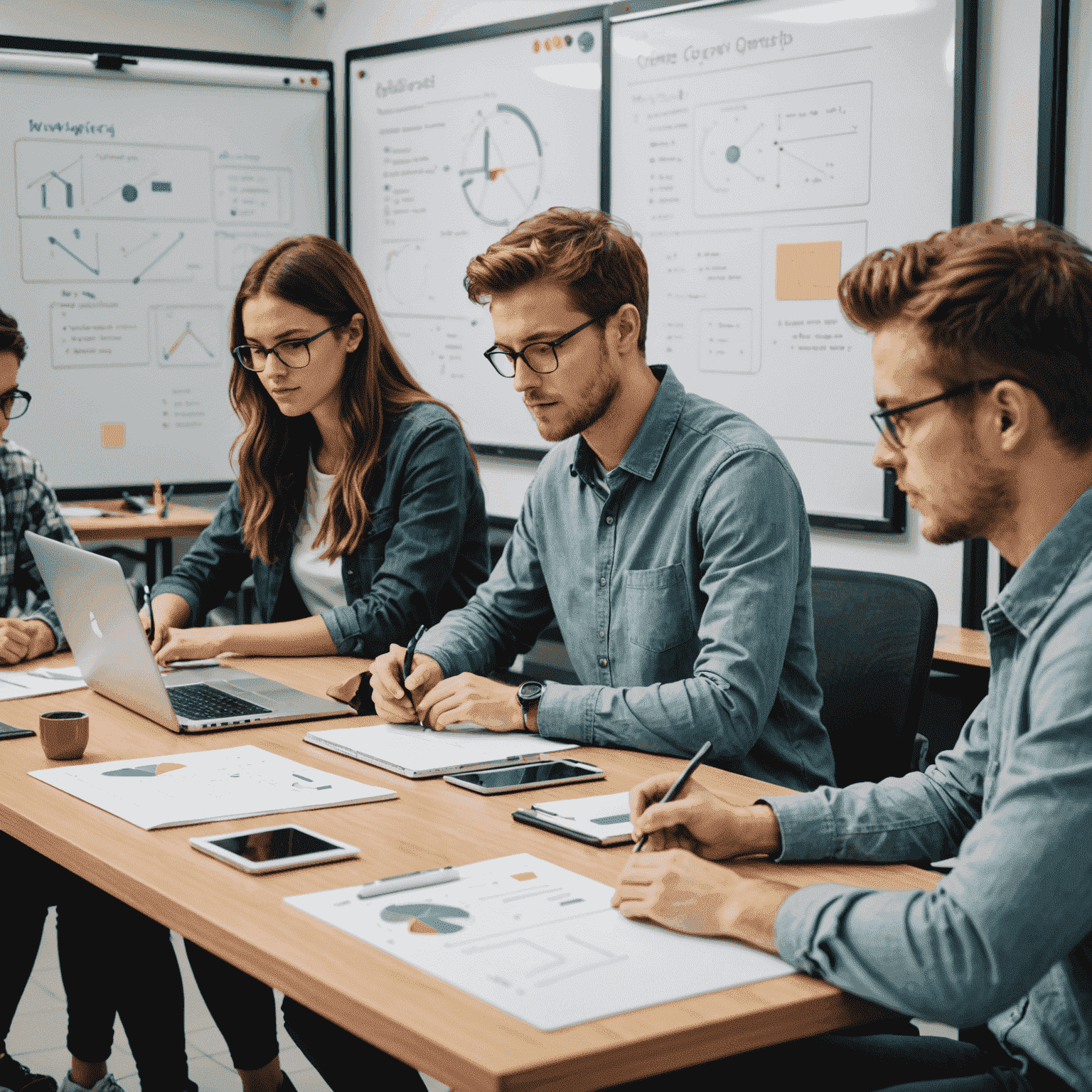 Grupa studentów pracująca nad projektem webowym, widoczne są laptopy i tablice z diagramami